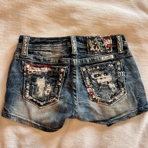 Miss Me Blue Distressed Embroidered Denim Shorts